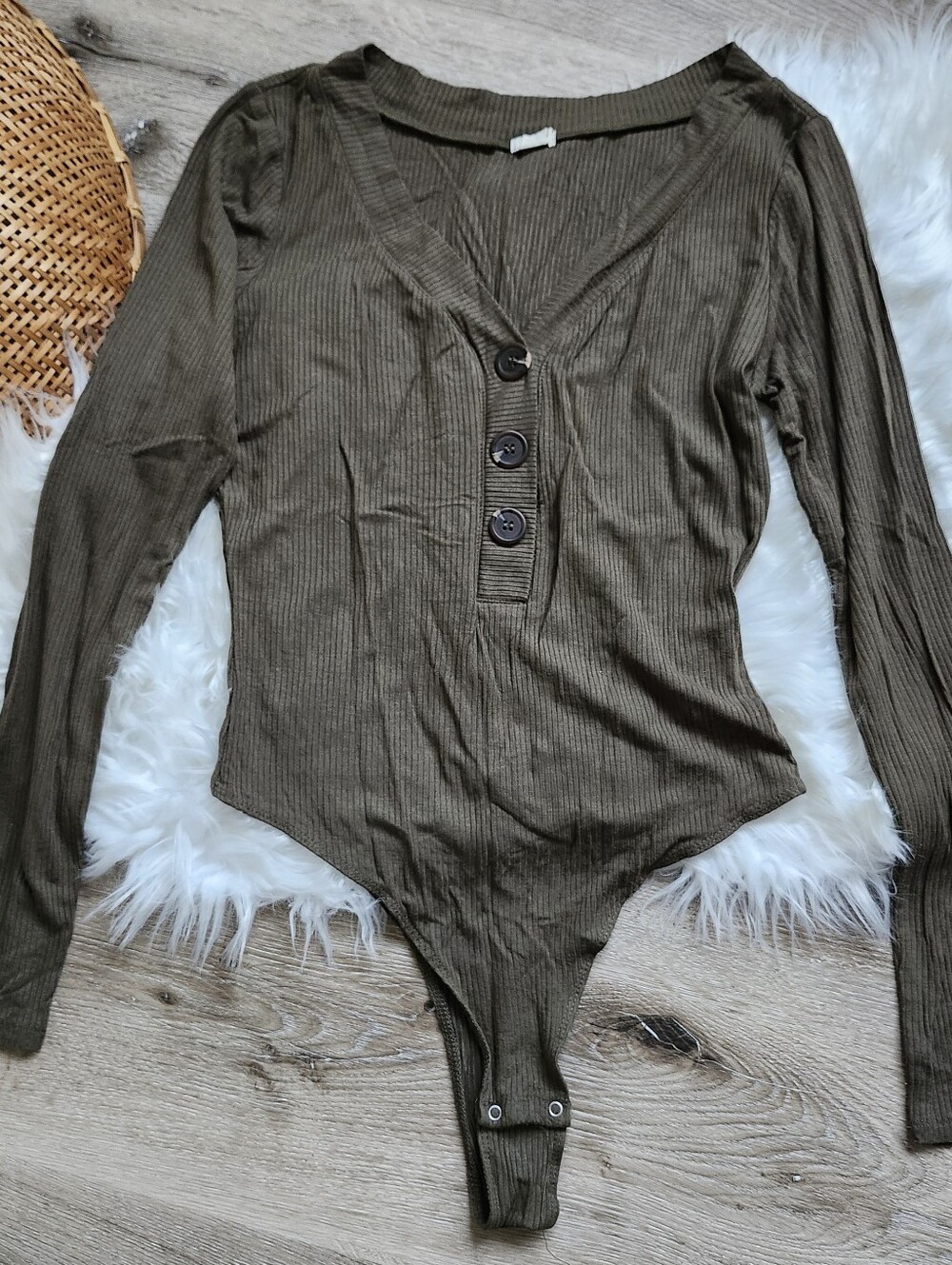 Garage Olive Green Ribbed Long Sleeve Thong Bodysuit
